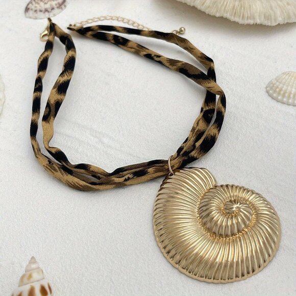 Jewelry - Large Gold Sea Shell Pendant Necklace w/ Leopard Fabric Tie Bold & Beachy Style